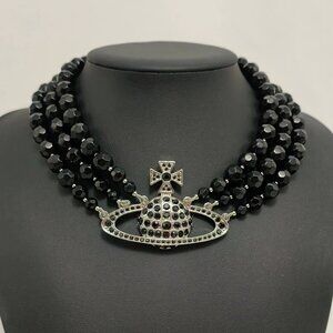 Vivienne Westwood Triple-Layer Black Necklace with Silver Saturn Pendant